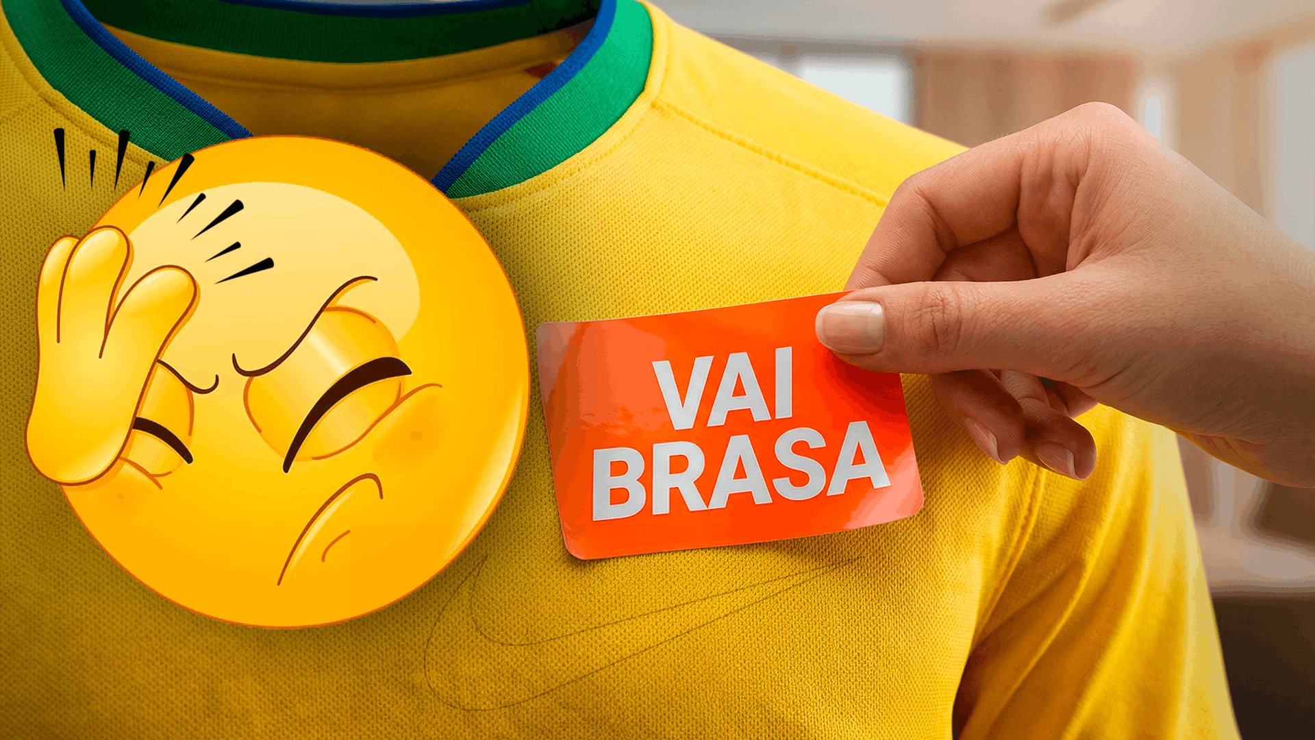 Camisa amarela da Seleção Brasileira com um adesivo laranja escrito "Vai Brasa" colado de forma amadora, simbolizando a falta de conexão e o erro no marketing da Nike.