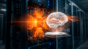 Representação fotorrealista da inteligência artificial conectada a um site estruturado, simbolizando a união perfeita no novo SEO.