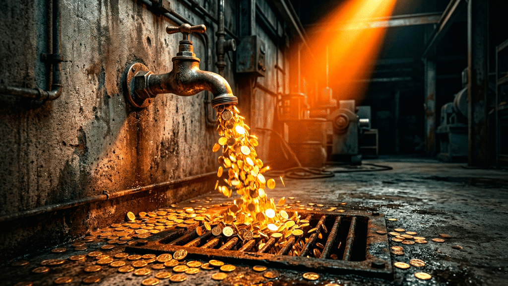 Uma torneira aberta jorrando moedas de ouro diretamente em um ralo escuro, simbolizando o desperdício de verba em anúncios.