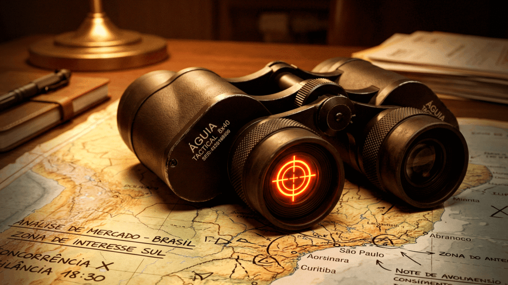 Um par de binóculos focando em um alvo preciso, representando a segmentação estratégica de tráfego pago.