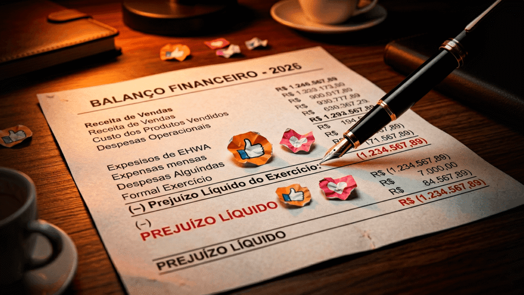 Um gráfico financeiro impresso com uma linha vermelha descendo, sobreposto por ícones de curtidas e corações de redes sociais.