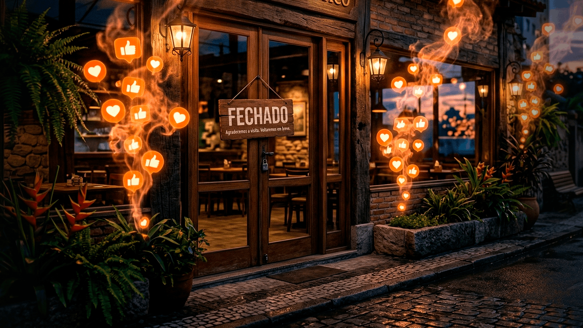 Fachada de um restaurante moderno com uma placa de "Fechado" pendurada, enquanto notificações de redes sociais flutuam ao redor.