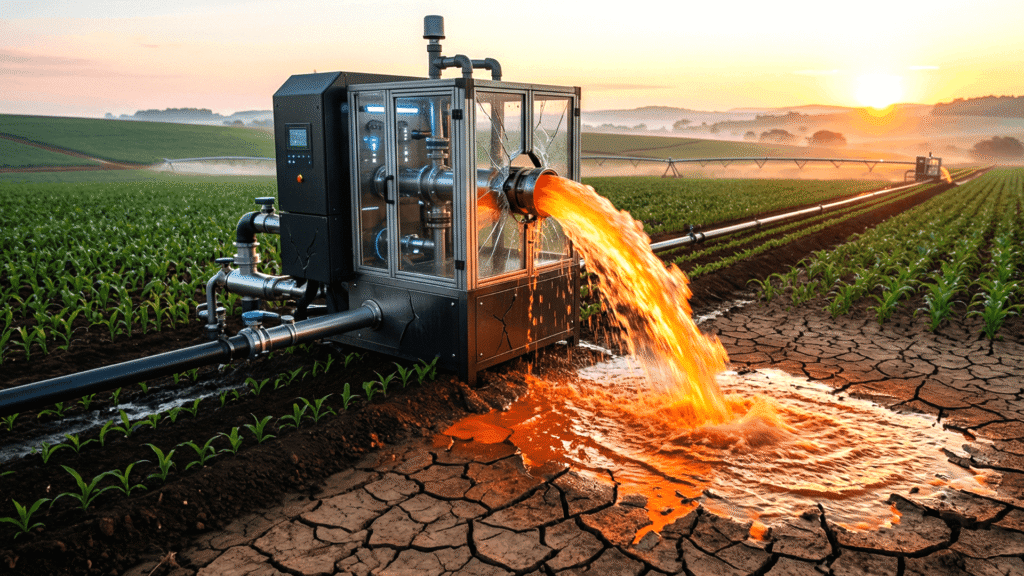 Sistema de irrigação desperdiçando água em solo seco, simbolizando o imposto oculto que drena o dinheiro da sua empresa através de um site amador.