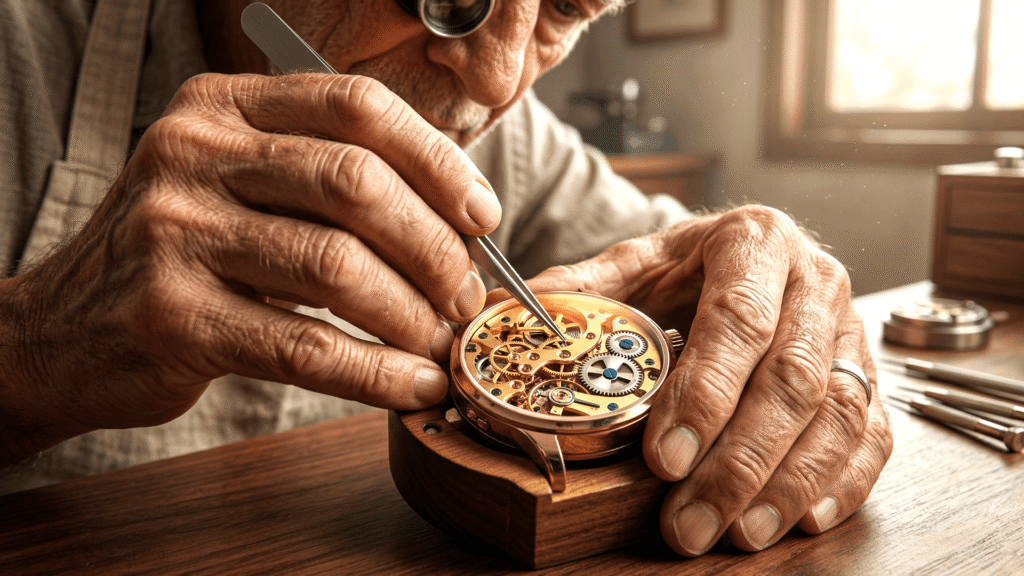 Mãos de um relojoeiro ajustando engrenagens com precisão, representando o ajuste estratégico necessário para eliminar o imposto oculto e estancar o prejuízo.