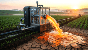 Sistema de irrigação desperdiçando água em solo seco, simbolizando o imposto oculto que drena o dinheiro da sua empresa através de um site amador.