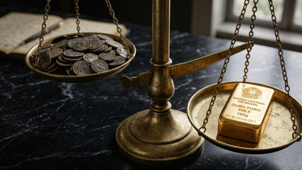 Uma balança de precisão onde uma única pena dourada pesa mais do que várias moedas comuns, simbolizando que a autoridade do posicionamento digital vence o preço baixo.