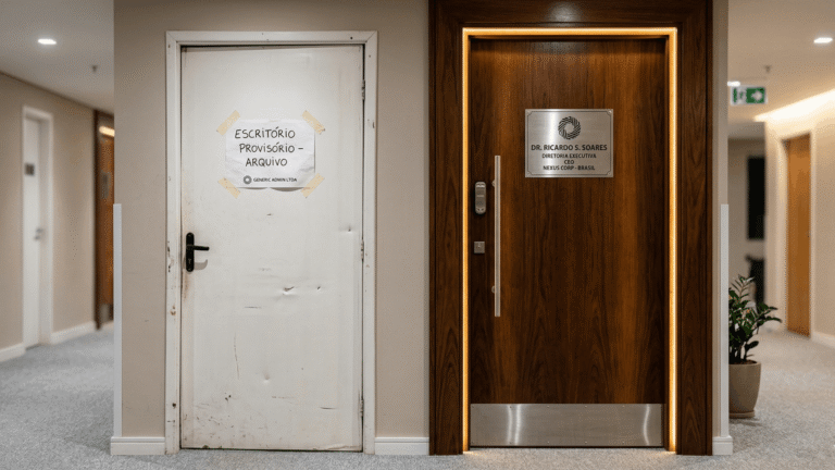 Uma pesada porta de carvalho maciço ao lado de uma porta de plástico frágil, ilustrando a diferença de posicionamento digital e percepção de valor.