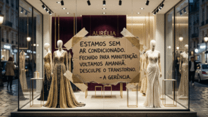 Vitrine de luxo arruinada por um cartaz rasgado, simbolizando um detalhe que grita empresa amadora.