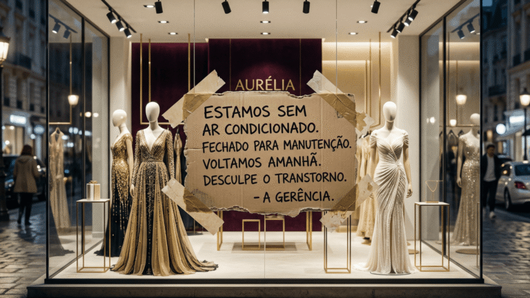 Vitrine de luxo arruinada por um cartaz rasgado, simbolizando um detalhe que grita empresa amadora.