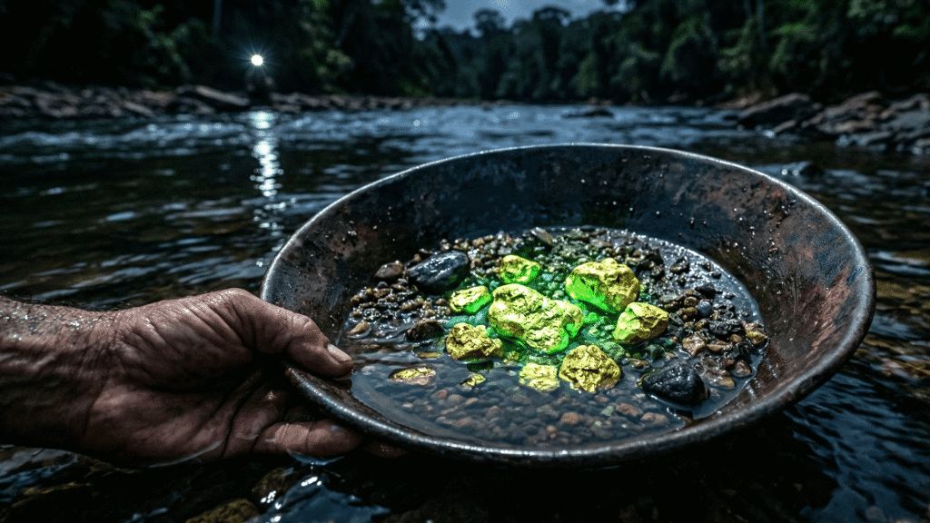Bateia de garimpo em um rio escuro, revelando pepitas de ouro brilhantes com um leve tom esverdeado, simbolizando o WhatsApp remarketing.