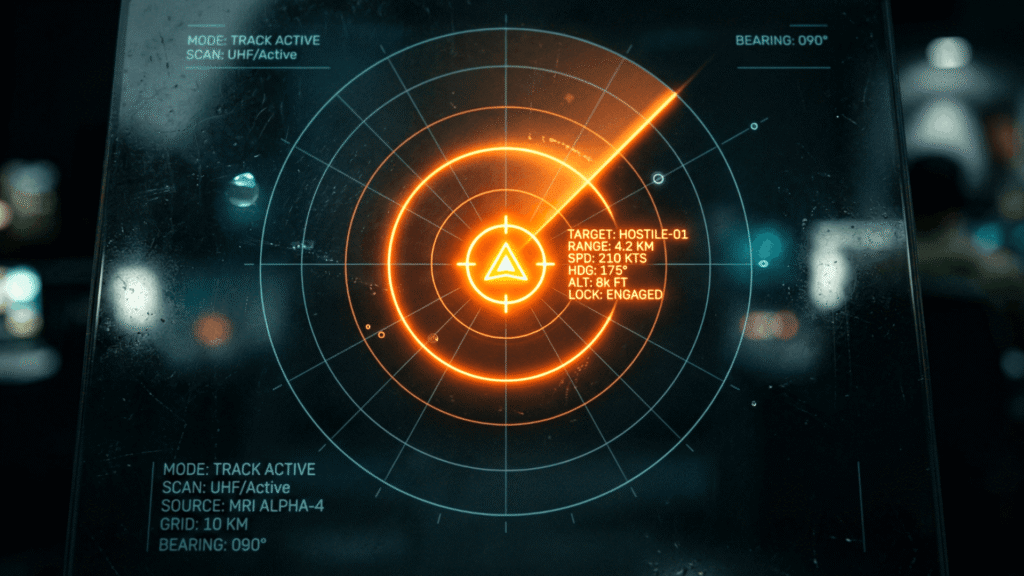 Tela de radar militar com um alvo focado e iluminado, representando a precisão de caçar o cliente certo novamente.