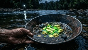Bateia de garimpo em um rio escuro, revelando pepitas de ouro brilhantes com um leve tom esverdeado, simbolizando o WhatsApp remarketing.
