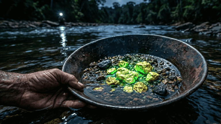 Bateia de garimpo em um rio escuro, revelando pepitas de ouro brilhantes com um leve tom esverdeado, simbolizando o WhatsApp remarketing.