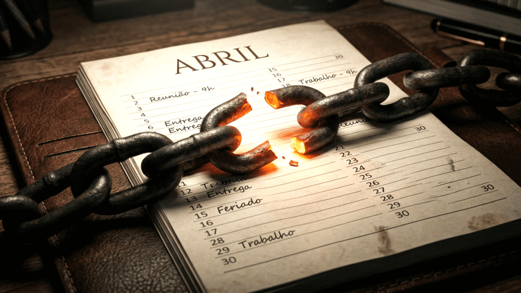 Corrente de ferro quebrada sobre uma agenda de abril, simbolizando o feriado de Tiradentes e a libertação do atendimento exclusivamente manual.