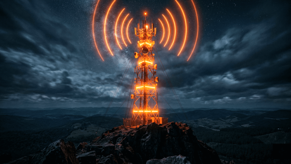 Torre de transmissão emitindo sinais ininterruptos à noite, representando o SEO e o site trabalhando no feriado de Tiradentes.