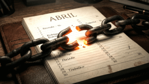 Corrente de ferro quebrada sobre uma agenda de abril, simbolizando o feriado de Tiradentes e a libertação do atendimento exclusivamente manual.