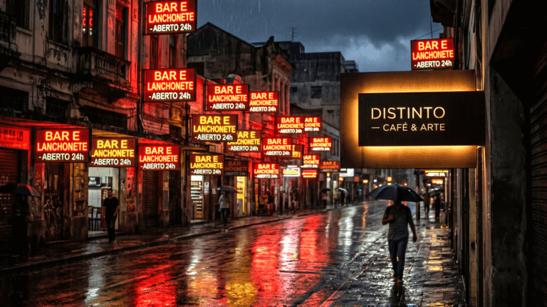 Letreiro neon barato piscando em amarelo e vermelho, afogado em uma rua cheia de letreiros idênticos de lanchonetes amadoras.