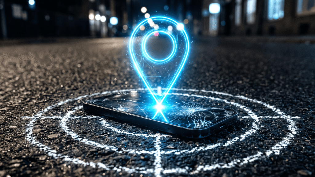Tela de celular jogada no asfalto projetando um holograma de alvo de precisão, ilustrando a captura do cliente exato na sua região.