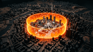 Mapa de uma cidade à noite, onde apenas um único quarteirão está iluminado por um campo de força neon, simbolizando a precisão do Google Ads local.