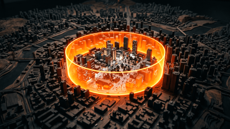 Mapa de uma cidade à noite, onde apenas um único quarteirão está iluminado por um campo de força neon, simbolizando a precisão do Google Ads local.