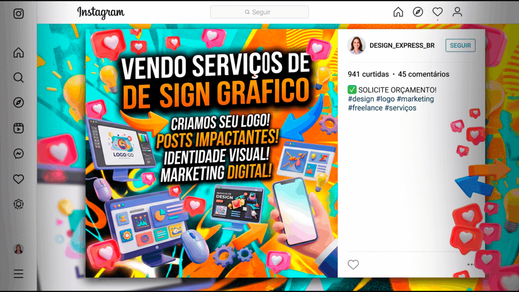 Post de rede social poluído com ícones 3D flutuantes e fundo berrante, servindo como exemplo da estética de plástico e sem alma gerada por inteligência artificial.