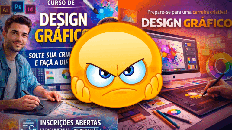 Pôster publicitário genérico e cafona para curso de design, mostrando modelos com sorrisos artificiais e fundo super saturado, ilustrando o amadorismo da inteligência artificial.