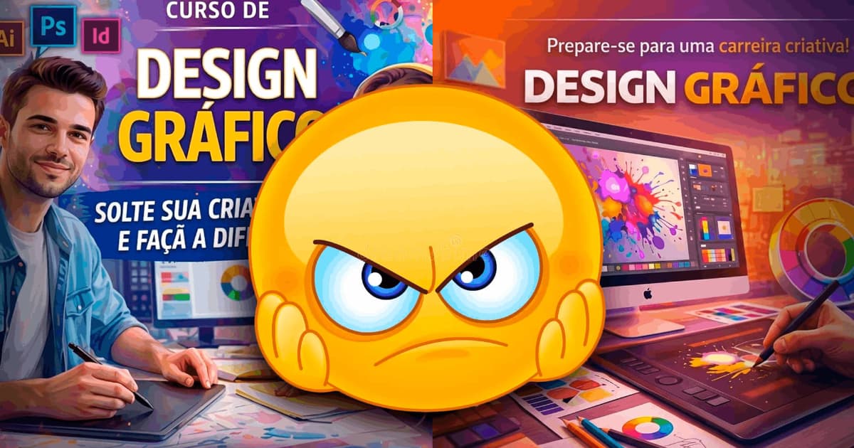 Pôster publicitário genérico e cafona para curso de design, mostrando modelos com sorrisos artificiais e fundo super saturado, ilustrando o amadorismo da inteligência artificial.