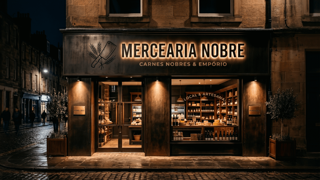 Letreiro de loja premium com tipografia clara e logotipo descritivo, mostrando a importância da legibilidade para a conversão de um negócio local.