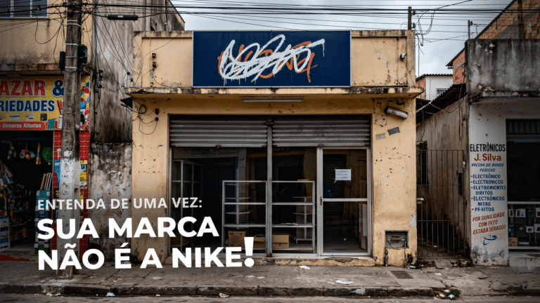 Fachada de loja com um letreiro contendo apenas um símbolo abstrato confuso, ilustrando o erro de tentar ser minimalista quando a sua marca não é a Nike.