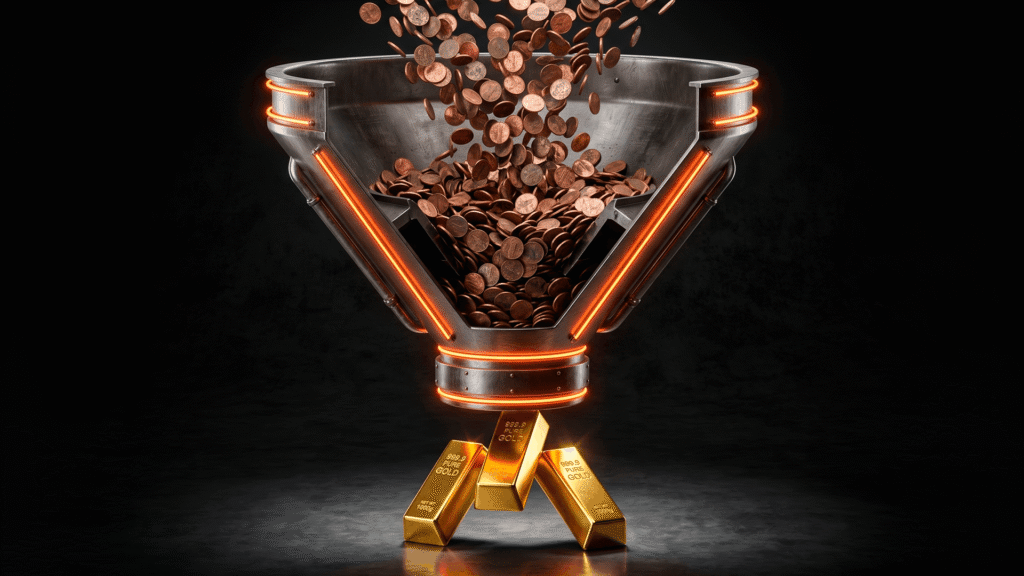 Funil de vendas premium filtrando moedas de cobre baratas e deixando passar apenas barras de ouro maciço, simbolizando o tráfego qualificado.