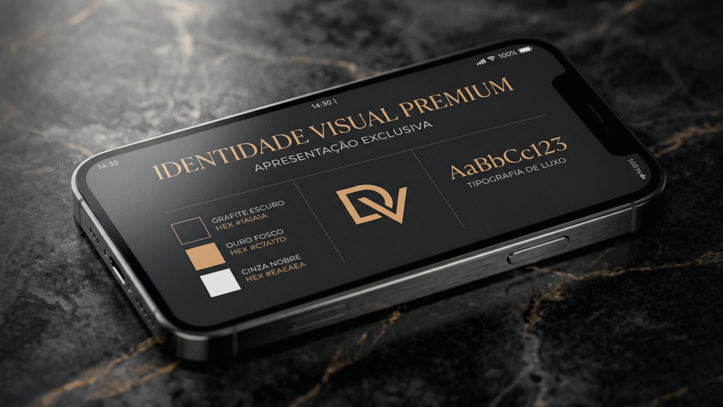 Tela de smartphone exibindo uma apresentação de marca premium e minimalista, mostrando como uma identidade visual de alto padrão justifica preços elevados.