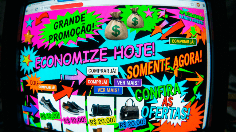 Tela de computador exibindo um feed de rede social caótico e com fontes distorcidas, ilustrando uma identidade visual amadora que desvaloriza a marca.