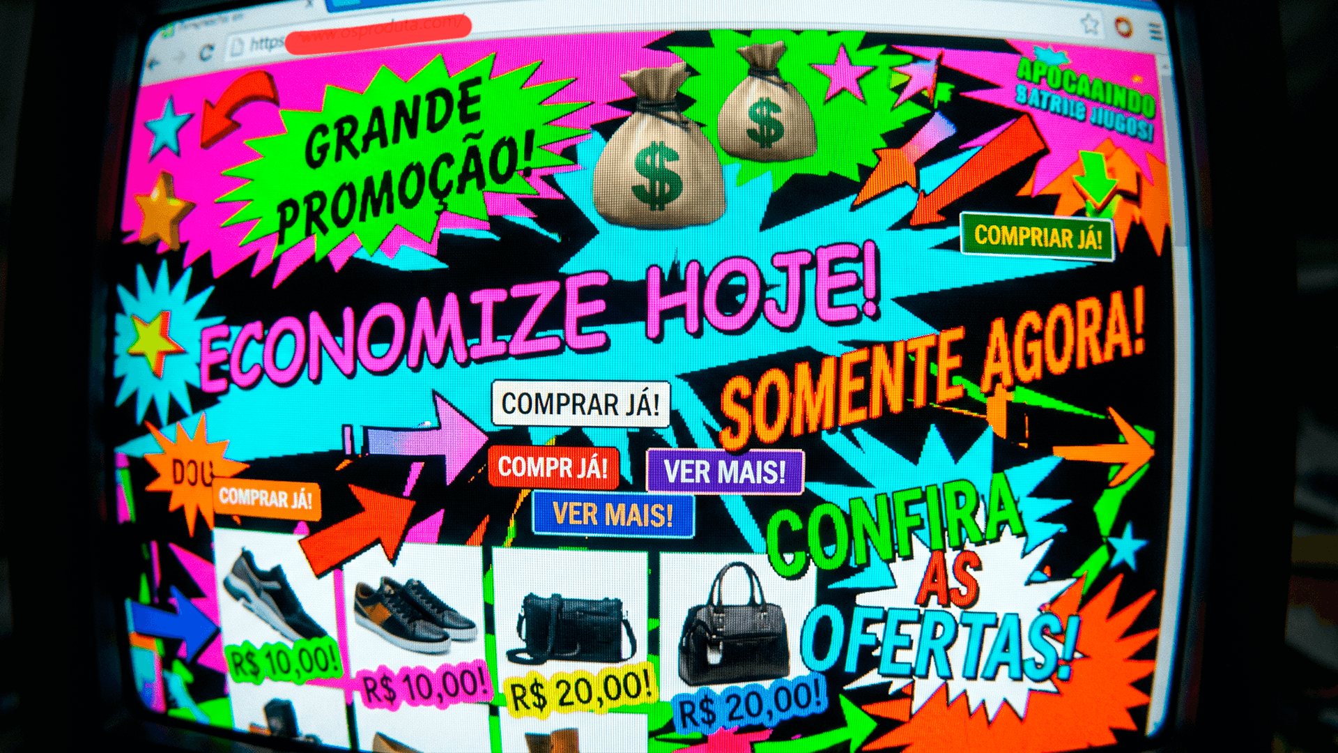 Tela de computador exibindo um feed de rede social caótico e com fontes distorcidas, ilustrando uma identidade visual amadora que desvaloriza a marca.