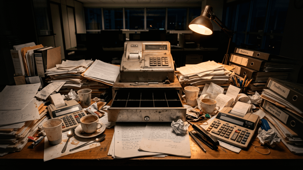 Mesa de escritório afundada em papéis com uma caixa registradora vazia, ilustrando a realidade do empresário que trabalha muito e vende pouco.