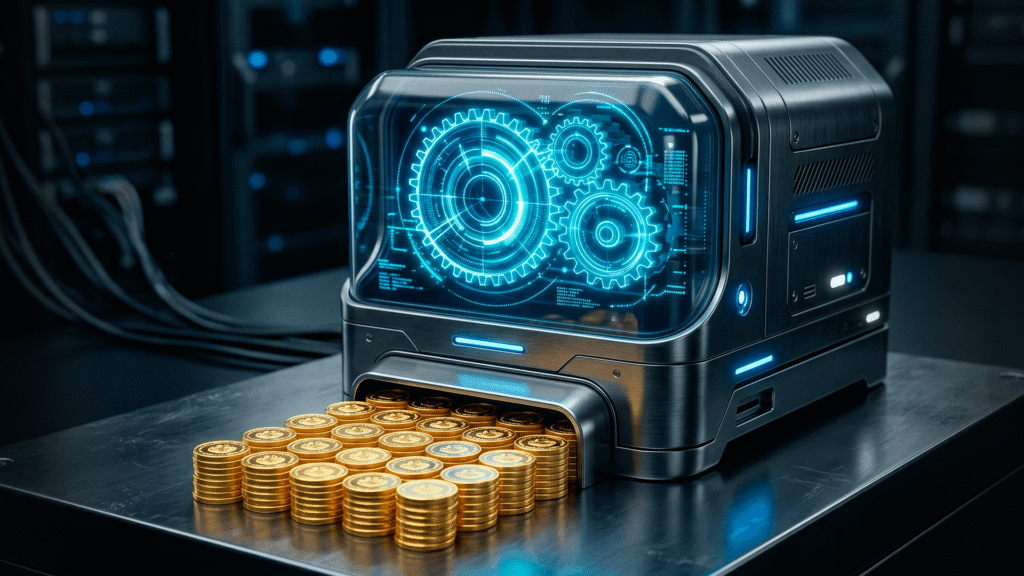 Servidor digital processando moedas de ouro de forma automática, simbolizando a internet trabalhando para escalar os lucros da empresa.