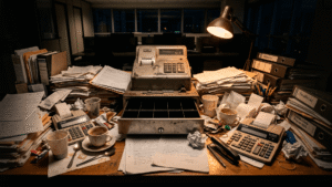Mesa de escritório afundada em papéis com uma caixa registradora vazia, ilustrando a realidade do empresário que trabalha muito e vende pouco.