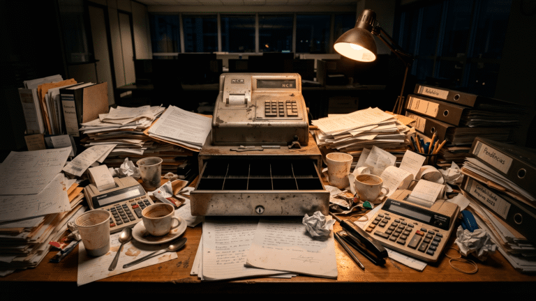 Mesa de escritório afundada em papéis com uma caixa registradora vazia, ilustrando a realidade do empresário que trabalha muito e vende pouco.