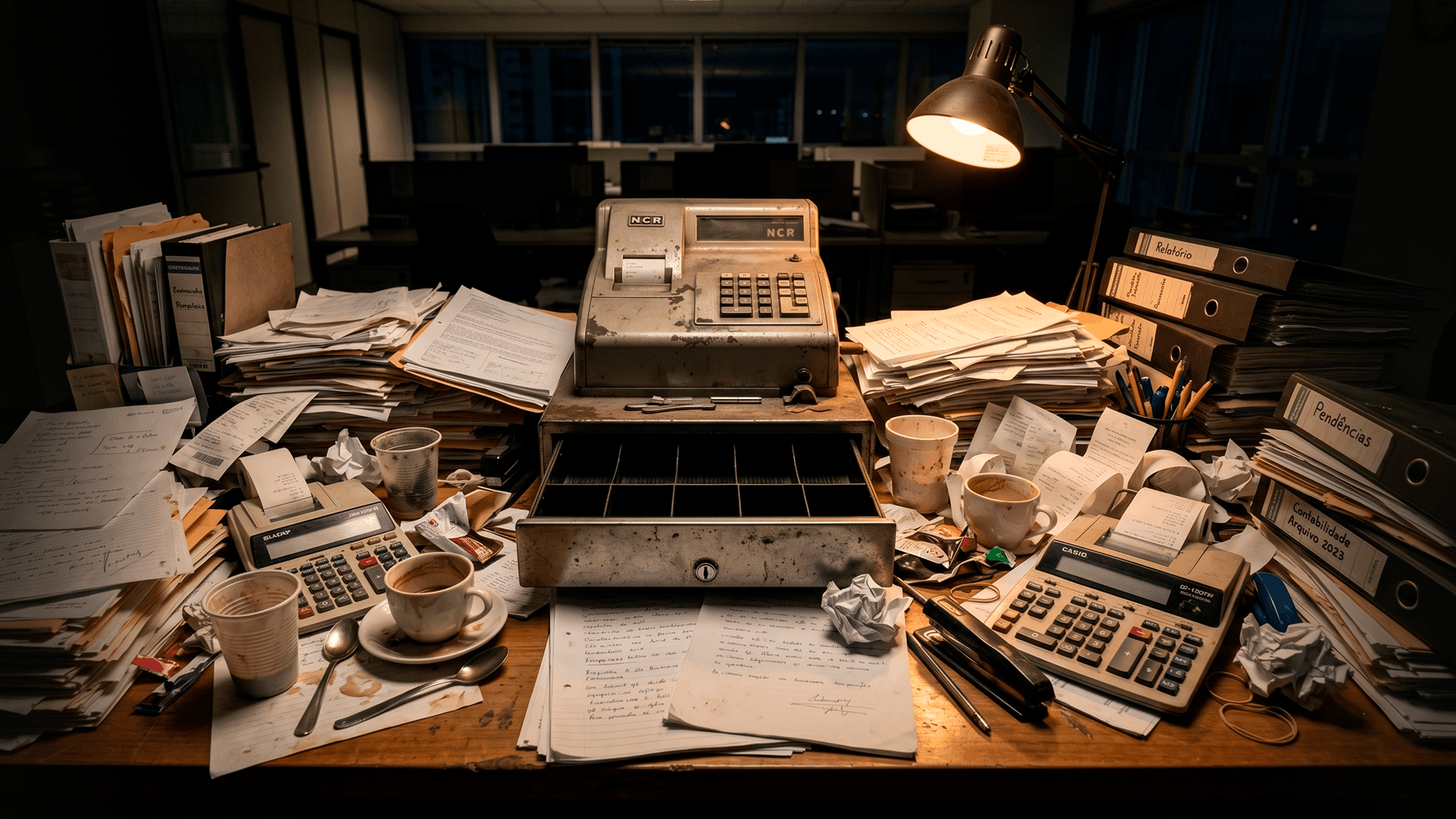 Mesa de escritório afundada em papéis com uma caixa registradora vazia, ilustrando a realidade do empresário que trabalha muito e vende pouco.