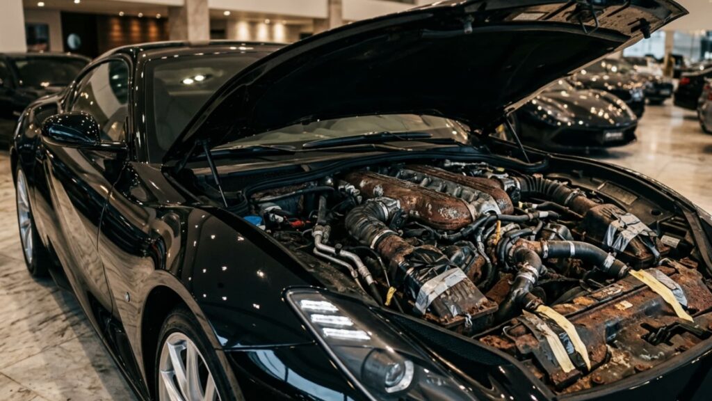 Carro de luxo brilhante com um motor completamente enferrujado e quebrado, ilustrando a falsa promessa de uma empresa que tem visual premium e entrega péssima.