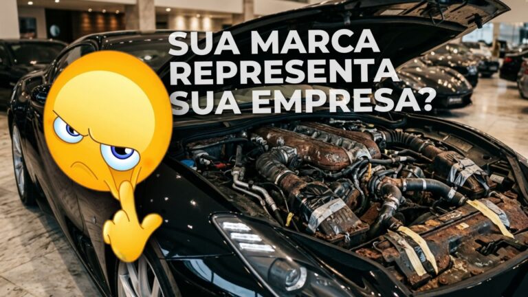 Carro de luxo brilhante com um motor completamente enferrujado e quebrado, ilustrando a falsa promessa de uma empresa que tem visual premium e entrega péssima.