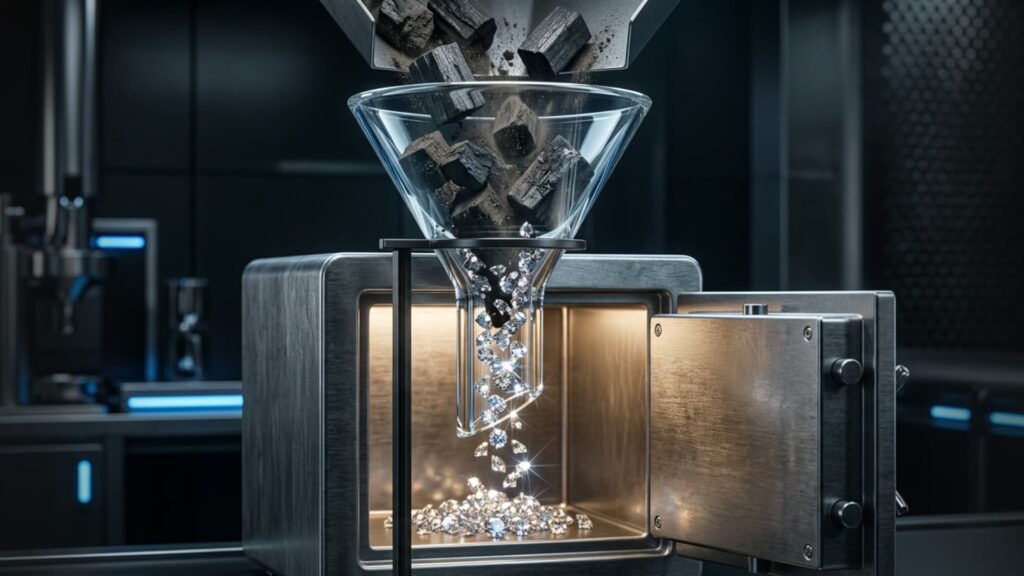 Funil de vidro transformando carvão bruto em diamantes brilhantes, simbolizando um site de alta conversão filtrando contatos qualificados.