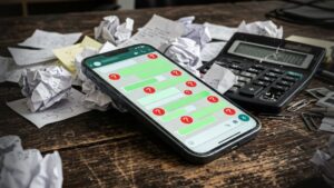 Smartphone jogado em uma mesa com a tela exibindo diversas notificações vazias, ilustrando o ralo financeiro de mandar cliente pro WhatsApp sem filtro.