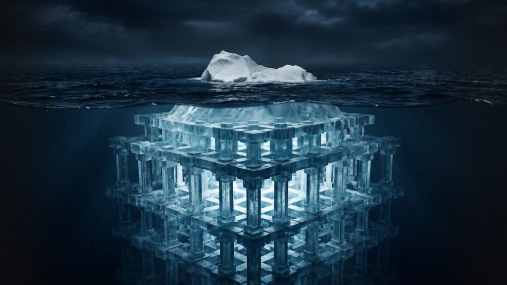Iceberg flutuando no mar onde a ponta visível é pequena, mas a base submersa é gigantesca e complexa, ilustrando a diferença entre ter um logo e uma identidade visual.