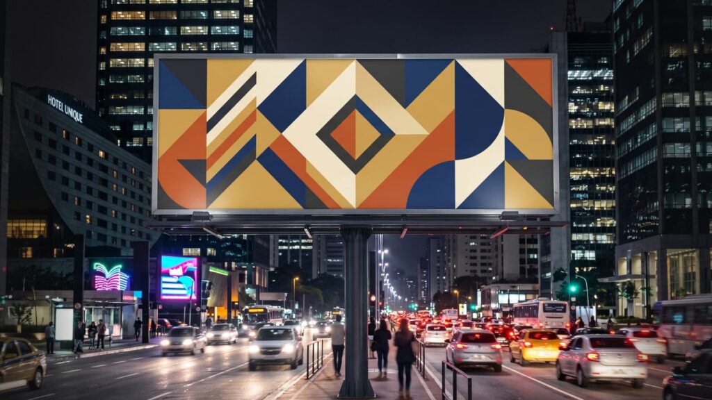 Outdoor urbano noturno exibindo um padrão visual marcante com cores sólidas e sem logotipos, mostrando a força de uma marca madura e inconfundível.