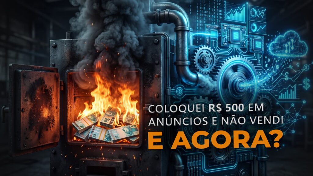 Fornalha tecnológica transformando notas de dinheiro em engrenagens de dados, ilustrando o conceito de investir R$ 500 em anúncios para comprar inteligência de mercado.