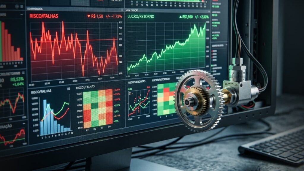 Painel de controle analítico sendo ajustado para maximizar o lucro, simbolizando o processo de otimização obrigatória após aplicar os primeiros R$ 500 em anúncios.