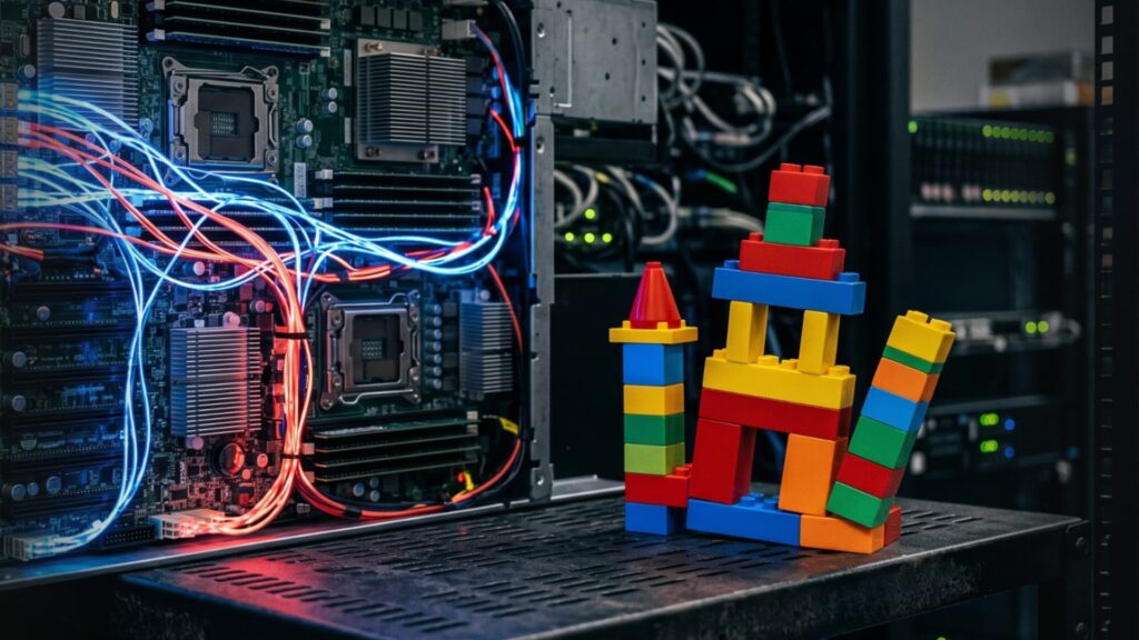 Servidor tecnológico complexo ao lado de um castelo de blocos infantis, mostrando a diferença entre a engenharia web real e a mentira dos gurus da internet.