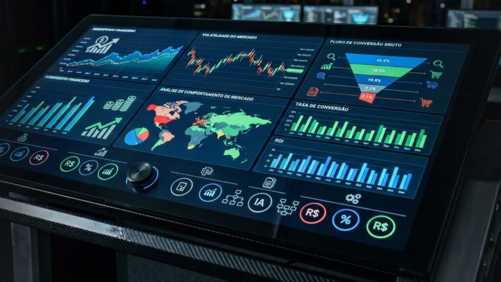 Painel de controle tecnológico complexo e escuro analisando gráficos de desempenho, representando o ambiente profissional onde os anúncios reais são criados.