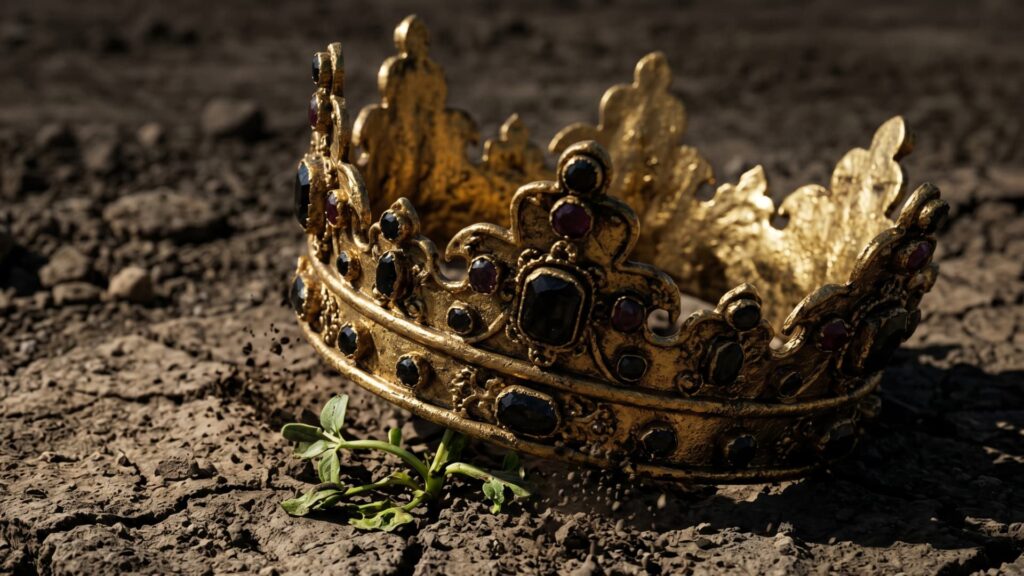 Coroa de ouro pesada e opressora esmagando um pequeno broto de planta no chão de terra seca, representando o ego do gestor matando o crescimento do negócio.