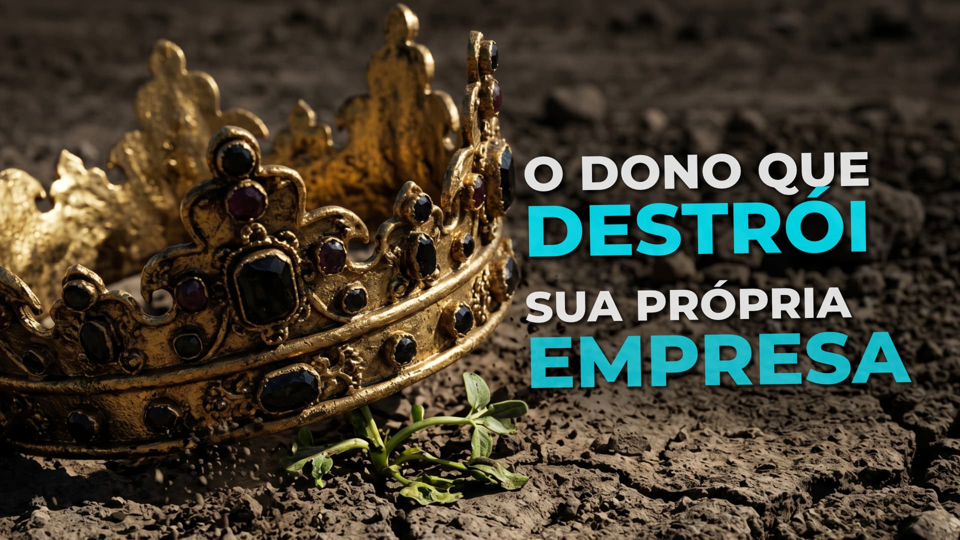 Coroa de ouro pesada e opressora esmagando um pequeno broto de planta no chão de terra seca, representando o ego do gestor matando o crescimento do negócio.